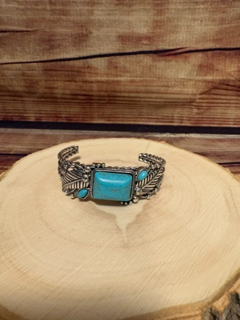 Western Turquoise Feather Cuff Bracelet Silver Tone Southwestern Boho NWT